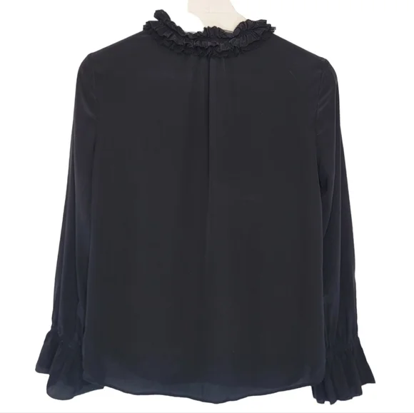 J.CREW Silk Ruffle High Neck Black Blouse Women's 6P Long Sleeves Ruffle Cuffs - Picture 5 of 11